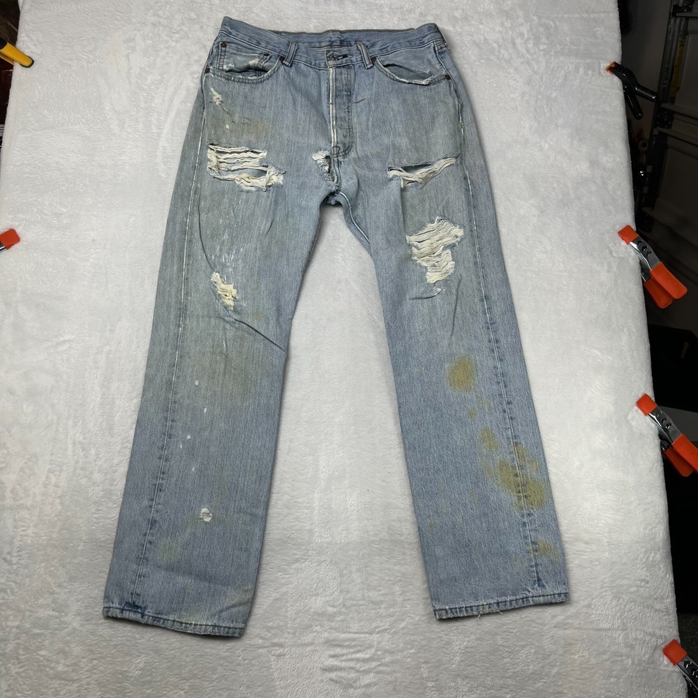 Levi's Jeans Men's Blue Denim Distressed Straight Fit Button Fly 30X29.5 - Flaws
